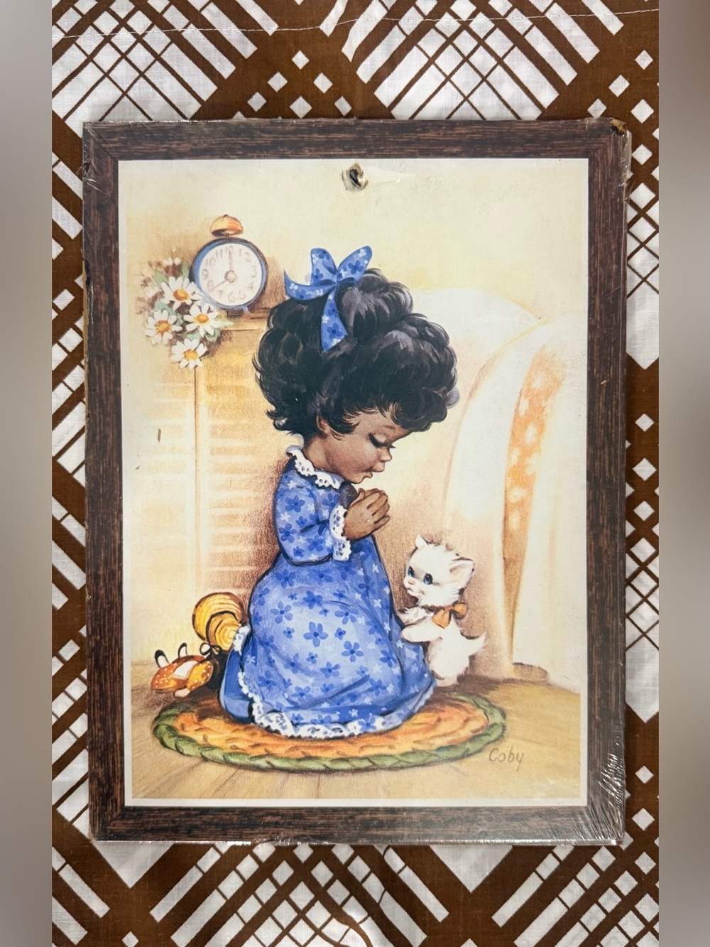 Vintage 1980s Coby Praying Girl & Kitten Wall Plaque NOS Soroka Cottagecore